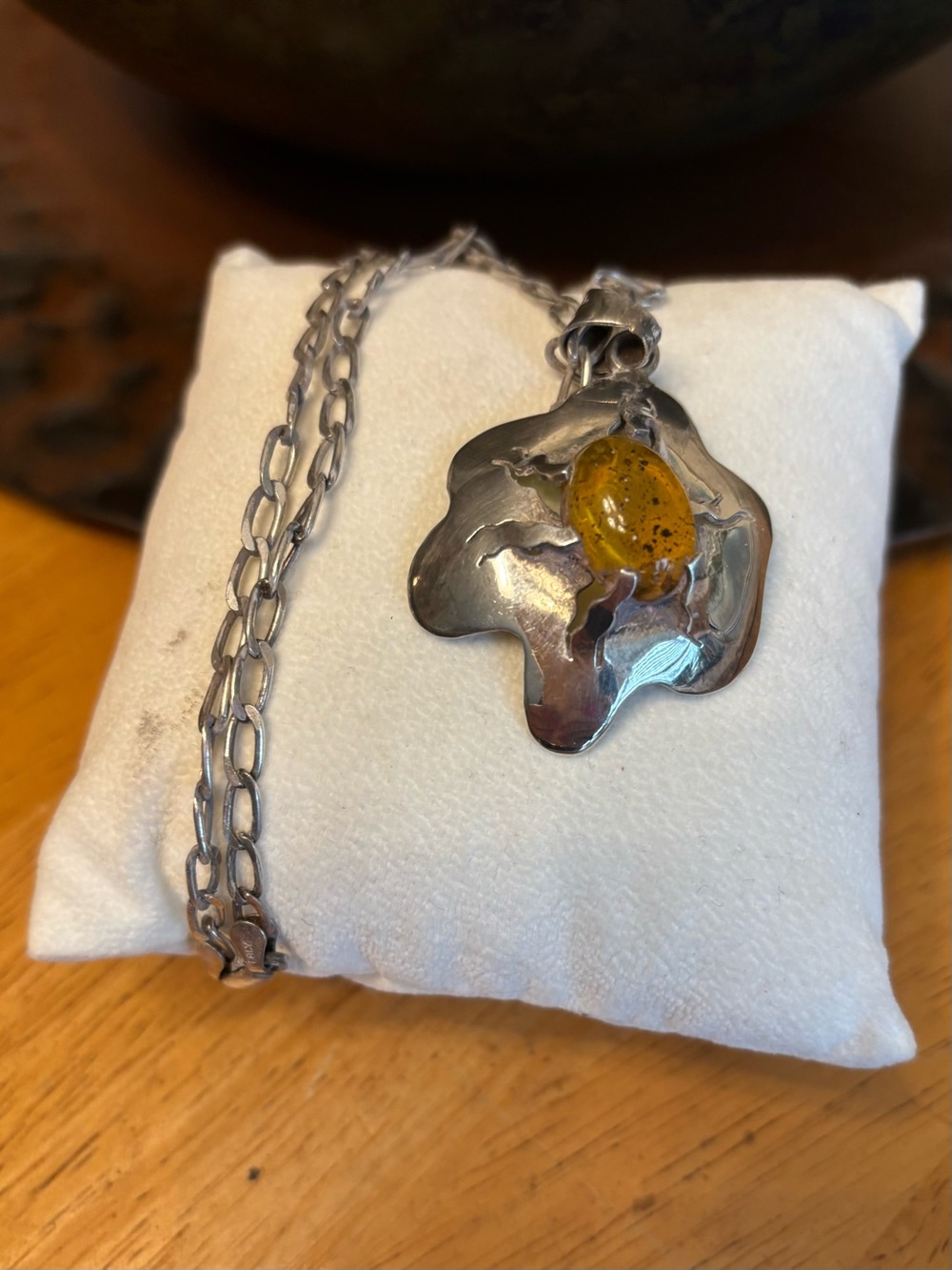 Sterling Silver Pendant Necklace with Unique Baltic Amber Stone - Yellow